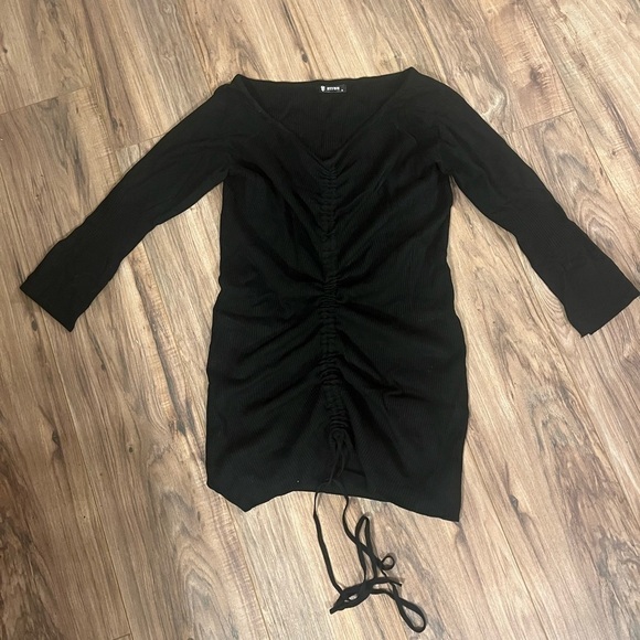 Casual 3/4 Sleeve Body Dress V Neck Rib Knit Drawstring Slim Fit Solid Mini - Picture 8 of 8